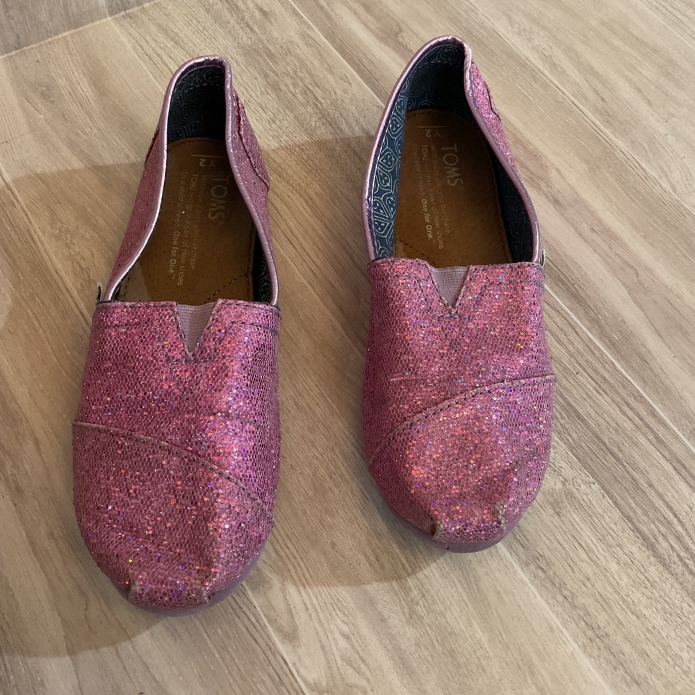 TOMS Kids Pink Glitter Classic Alpargata Slip On Shoes Size Y2